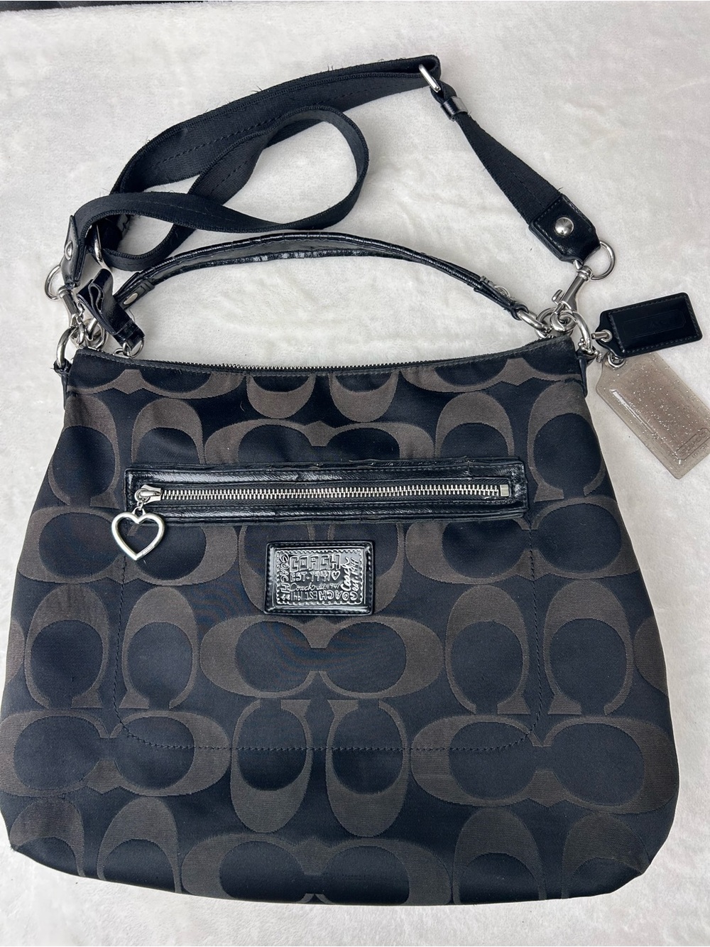 Coach #F20064 Black & Brown Signature Fabric Crossbody Hobo Bag Heart Charm
